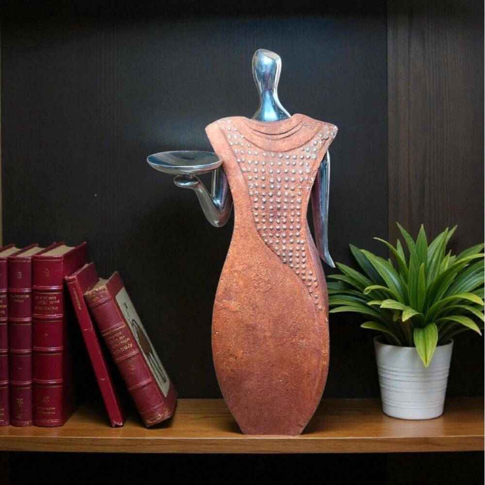Vintage Brutalist Woman Sculpture Candle Holder 15 in Metal Mixed Media Art